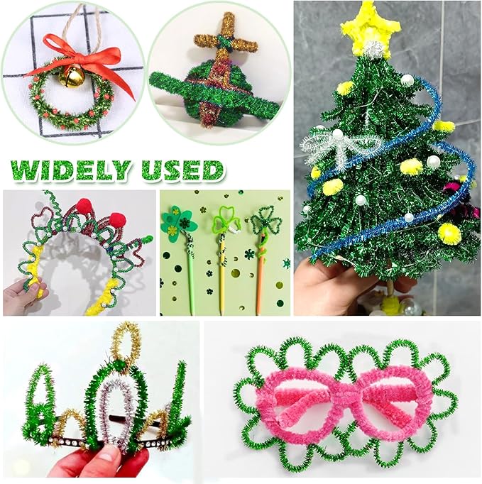 TOAOB 100pcs Christmas Glitter Pipe Cleaners Green Metallic Pipe Cleaners Craft Supplies 6mm x 12 Inch Chenille Stems Pipe Cleaners for Art DIY Crafts Decorations