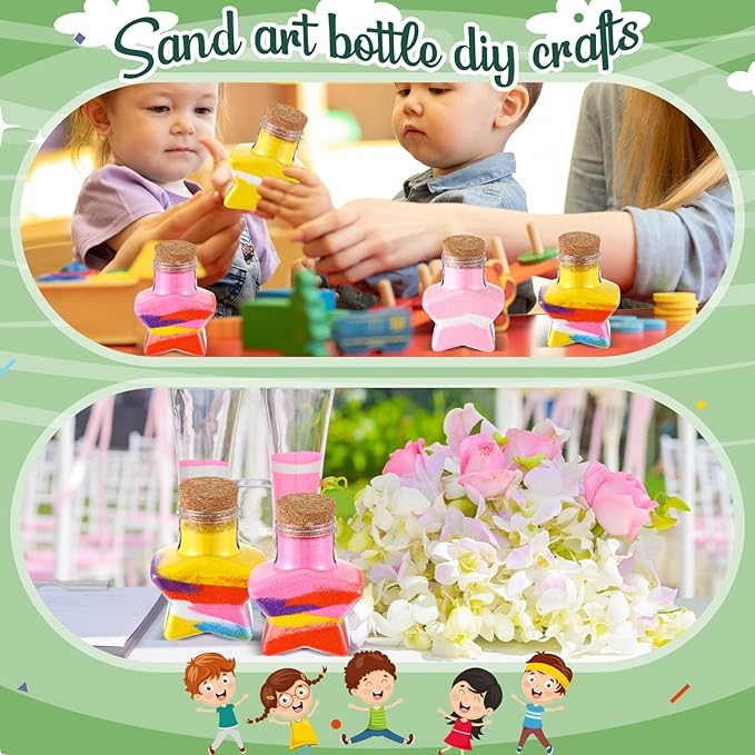 65 Pcs Plastic Sand Art Bottles with Corks Include 20pcs 3.4oz Sand Art Bottles, 40 Colored Art Sand, 5 Plastic Funnels Plastic Clear Containers for Sand Art Fun Arts Crafts Supplies (Star)