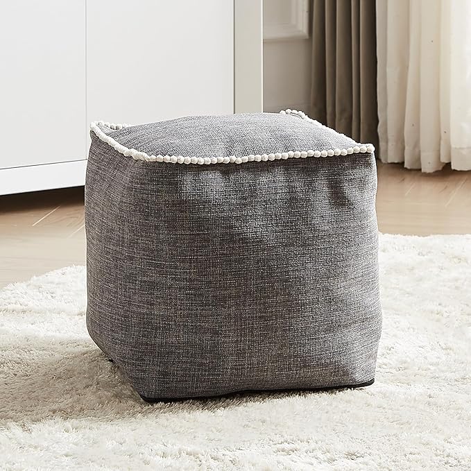 Louis Donné Unstuffed Pouf Ottoman Footstool Cover Gray Cottom Fabric for Storage, Decorative Washable Pouf Footstool with Trim Lace for Living Room House Warming Gifts(Only Cover)