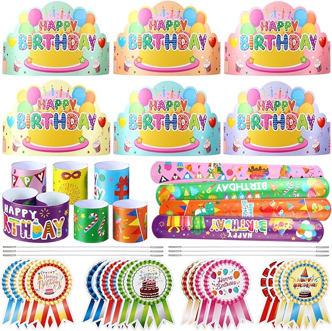 Yunsailing 108 Pcs Happy Birthday Party Supplies for Kids Include 36 Birthday Paper Crowns 36 Birthday Badge Stickers 36 Happy Birthday Slap Bracelets for Classroom School Party Supply(Fresh Color)
