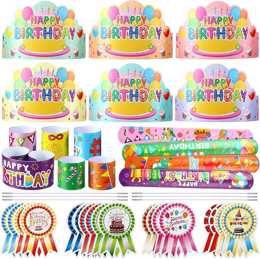Yunsailing 108 Pcs Happy Birthday Party Supplies for Kids Include 36 Birthday Paper Crowns 36 Birthday Badge Stickers 36 Happy Birthday Slap Bracelets for Classroom School Party Supply(Fresh Color)