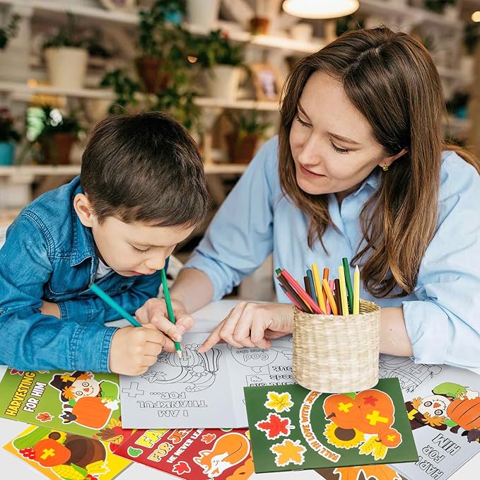 24Pcs Fall Religious Coloring Books - Christian Bible DIY Color-in Pages Booklet Bulk Drawing Autumn Theme Activity Party Supplies for Sunday School Classroom Rewards Artwork Gift for Kids
