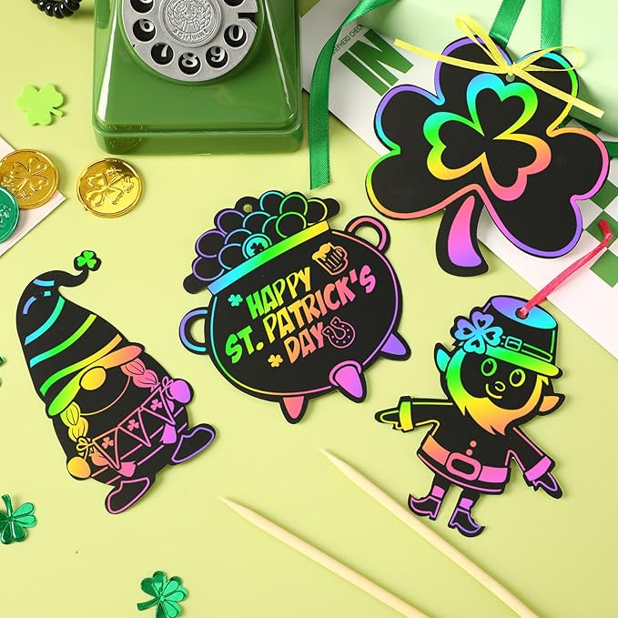 FEBSNOW 48 PCS St. Patrick’s Day Crafts for Kids, Rainbow Magic Scratch Art Shamrock Hanging Ornaments Scratch Paper Cards for St Patricks Day Party Favors Kids School Classroom DIY Crafts Decorations