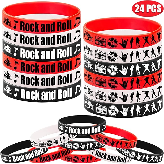 CupaPlay 24PCS Rock and Roll Rubber Bracelets -Rock and Roll Theme Party Supplies Decorations 80s 90s Party Music/Musical Birthday Baby Shower Silicone Wristbands Party Favors
