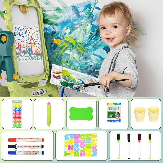 Kids Art Easel, Adjustable Drawing White Board & Chalk Board, Toddler Standing Easel with Painting Accessories, Gift for Girls Boy (Green)