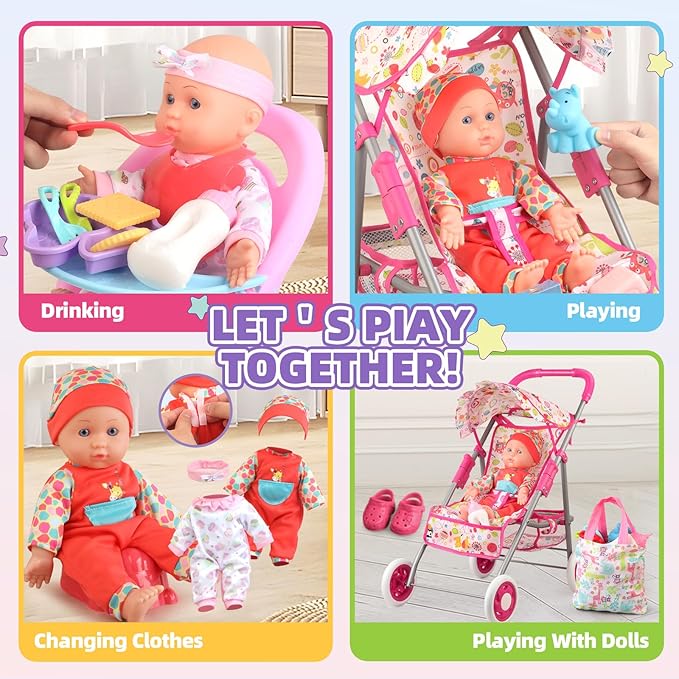Baby Doll Stroller Set Toys for Girls Toddlers 3-5 4-6 Gifts,Baby Doll Set with 12.5 inch Doll,1 Baby Dining Chair,20 PCS Baby Doll Accessories and 2 Sets Doll Clothes for Realistic Pretend Play