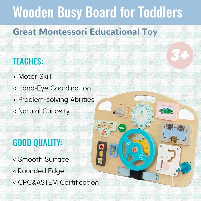 Montessori Wooden Toddler Toys, Busy Board for 1-4 Year Olds, Sensory Activity Board for Fine Motor Skills, Travel Educational Sensory Toys for Boys & Girls