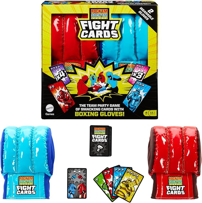 Mattel Games Rock ‘Em Sock ‘Em Robots Fight Cards Card Game, Team Party Game for Kids & Adults with 2 Boxing Gloves