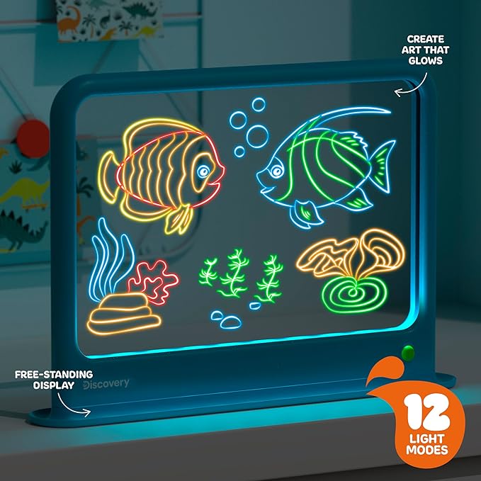 Discovery™ Deluxe Light Designer 6-In-1 Art Board – Includes 3D Glasses, 6 Washable Markers, Templates, 12 Light Modes| Kids Drawing Tablet, LED Scribble Doodle Electronic Drawing Pad Activity Toy Set
