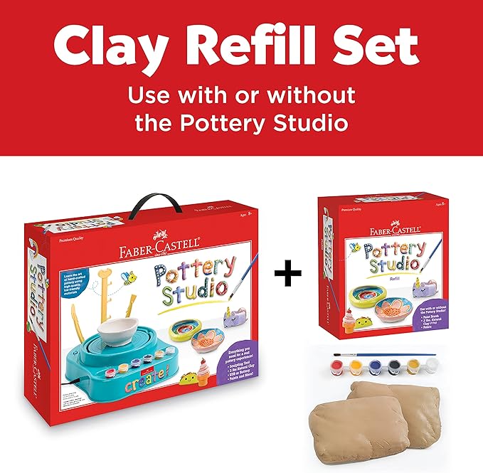 Faber-Castell Pottery Studio Refill Kit - 2 lbs. of Natural Air-Dry Pottery Clay, 6 Paint Pots and Paintbrush, Clay Making Kit for Kids