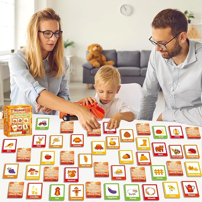 gisgfim 50 Pairs Thanksgiving Memory Matching Game Happy Fall Concentration Memory Games for Kids Educational Ages 3-8 A Fun & Fast Autumn Theme Memory Matching Games