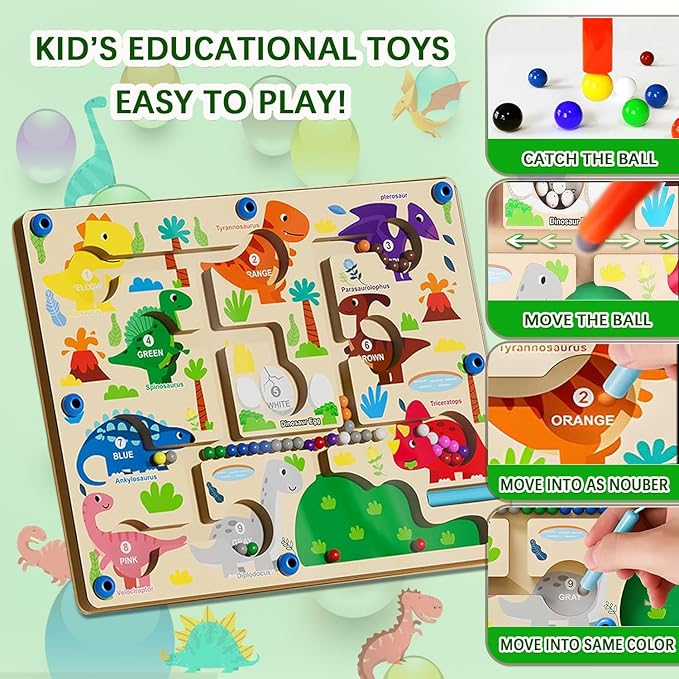 JRD&BS WINL Magnetic Color and Number Maze - Montessori Toys for 3-6Year Old Boys Girls, Wooden Magnet Puzzle Game Board for Toddlers (Dinosaur)