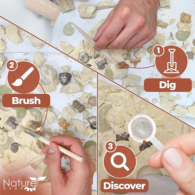 Nature Gear Dino Fossil Dig Kit for Kids, Educational Excavation Kit with 15 Glow in The Dark Mystery Fossils, Interactive Dinosaur Science Kits for Kids Age 3-5 and Up, Excavation Adventure Kit