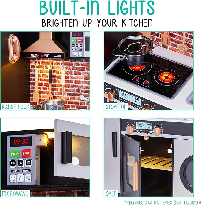 Lil' Jumbl Jumbl Kids Kitchen Set, Pretend Wooden Play Kitchen, Battery Operated Icemaker, Microwave, Range Hood, Stove Top, Oven, with Realistic Sound & Lights, Pots, Pan, & Utensils Included