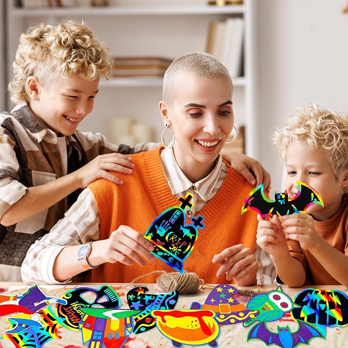 Max Fun Halloween Crafts Scratch Off Art Paper Cards 48Pack, Magic Rainbow Ornaments Hanging Supplies Educational Toys Kit Halloween Party Games Favor