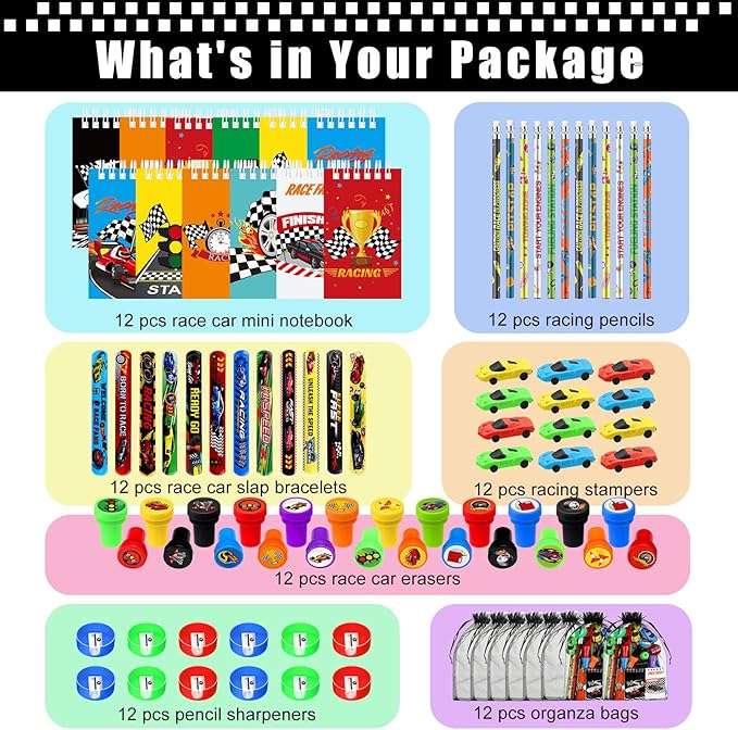 Shappy 84 Pcs Race Car Party Favors Racing Stationery Set Spiral Notebook Slap Bracelets Pencils Erasers Sharpeners Stampers Organza Bags for Racing Theme Classroom Prize Gift Birthday Party Supplies
