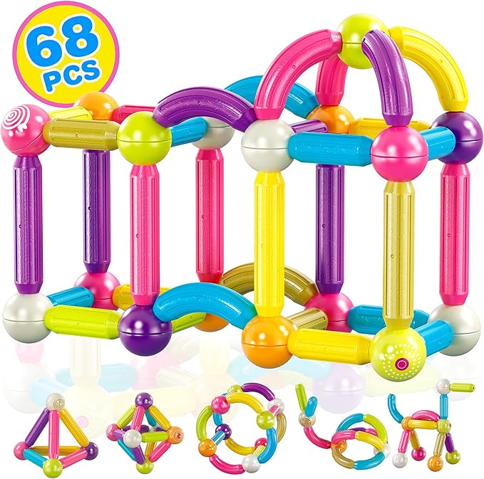 Contixo ST2 Kids Magnetic Stix Stick 68 PCs 3D Building Blocks STEM Construction Playboards Creativity, Imagination, Recreational, Educational for Children Toddler, 3+ Year Old Boys and Girls