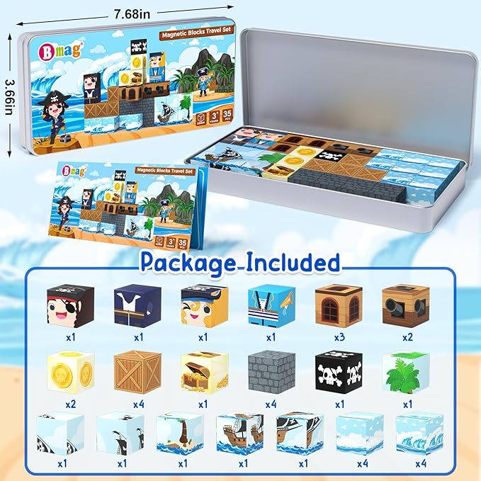Bmag Magnetic Building Blocks for Kids,35 PCS Pirate-Themed Set, STEM Educational Magnet Toys for Kids Ages 3+, Travel Friendly Toys with Storage Box, Gifts for Boys and Girls