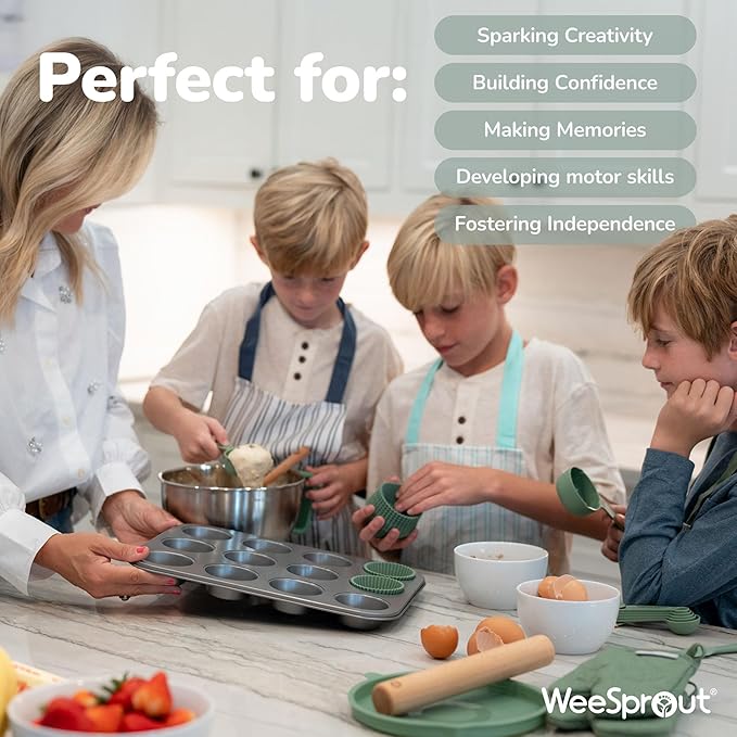 Ultimate Baking Kit for Kids - Kids Baking Set with Child Sized Utensils - Includes Apron, Oven Mitts, Silicone Mats & Liners - Perfect Cooking Set for Kids Ages 6-12 - Gift for Children – Pink