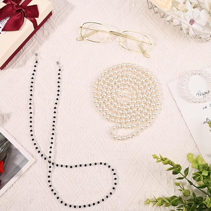 Kavoc 4Pcs Old Lady Costume Accessories Granny Grandma Dress up Eyeglasses Beaded Chain Faux Pearl Bead Necklace and Bracelet