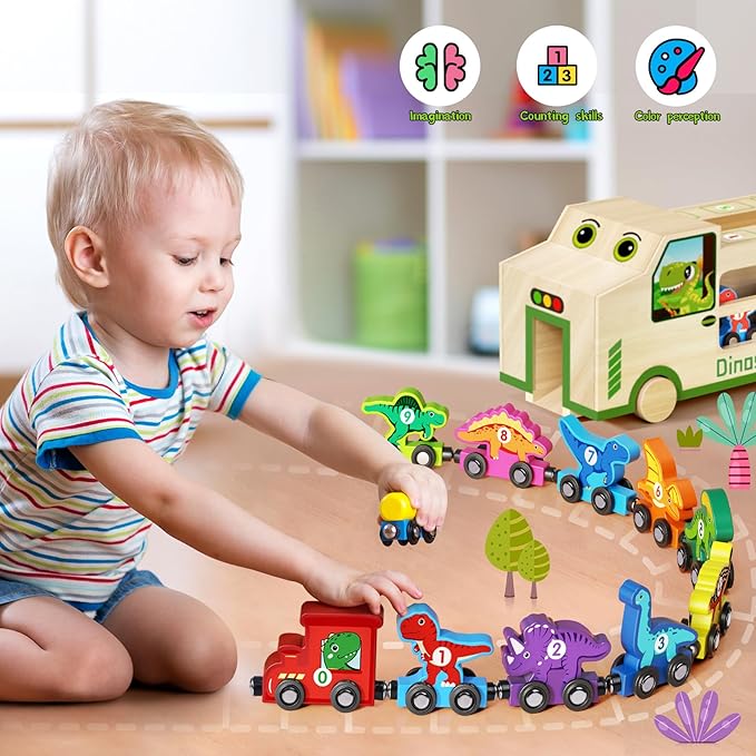 GJZZ Wooden Dinosaur Truck & 10 Magnetic Wooden Dinosaur Train Set | Montessori STEM Toys for Kids 2-5 Years | Toddler Learning Toys, Birthday Gifts for Boys and Girls