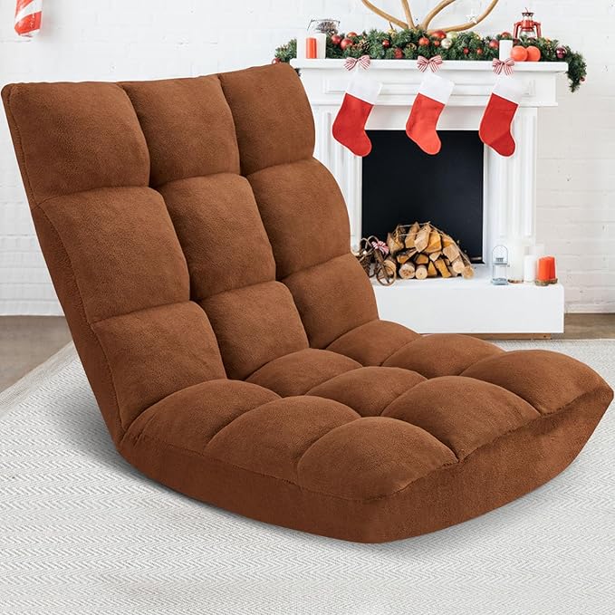 Folding Floor Chair 14-Position Cushioned Adjustable Floor Lazy Sofa Chair w/Breathable Cotton & Skin-Friendly Flannel for Adults & Kids Ideal for Reading Meditating, Brown