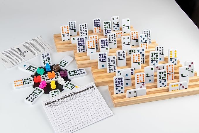 Smilejoy Mexican Train Dominoes Set with Colorful Dot- Double 12 Dominos Set for Adults-Classical Board Game for Elderly, 4 Wooden Rack,91 Tiles, 9 Plastic Trains, Octagon Hub (2-8 Player)