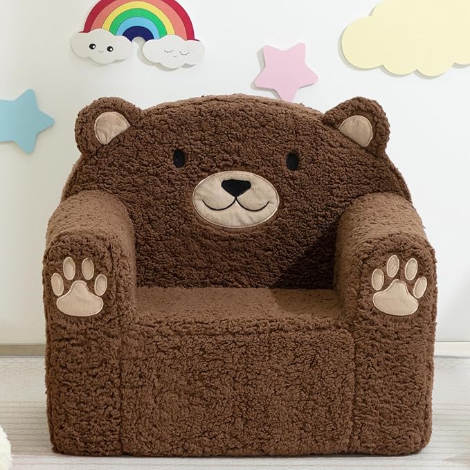 ALIMORDEN Toddler Couch Ultra-Soft Snuggle Chair, Comfy Sherpa Foam Filled Lovely Bear Sofa, Kids Cozy Corner Play Couch for Boys and Girls, Brown
