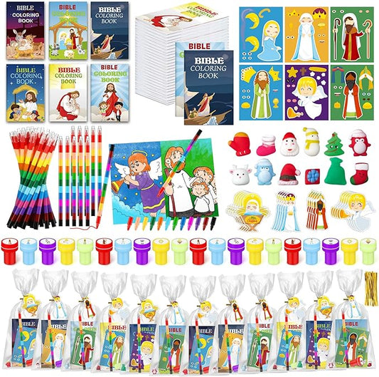 Zhanmai 108 Pcs Christmas Party Favors Bible Coloring Book with Stacking Crayons for Kids Squishes Christmas Toys DIY Sticker Stampers Goodie Bag Fillers Supplies School Educational Reward Prizes