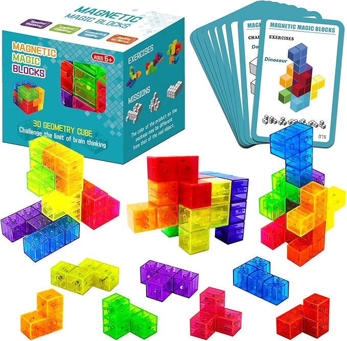 Magnetic Building Blocks, STEM Magic Magnetic 3D Puzzle Cubes, 7 Pcs Preschool Multi Shapes Magnetic Toys with 54 Cards, Montessori Sensory Autism Building Toys for Kids