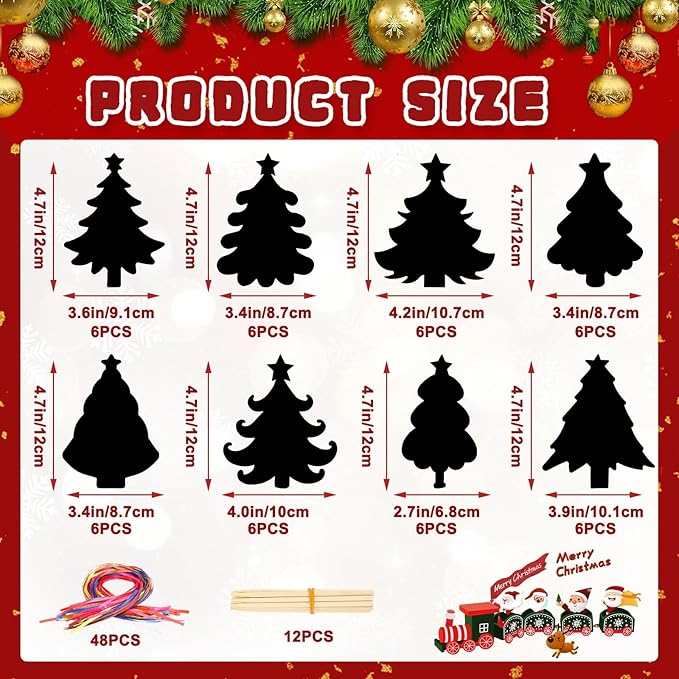 FEBSNOW 48 PCS Christmas Crafts for Kids, Magic Rainbow Christmas Scratch Art Paper Cards Christmas Tree Hanging Ornaments Christmas Gifts for Party Favors Games