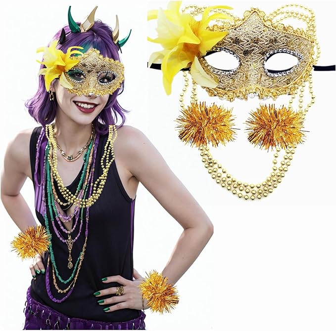 Qiandier 18pcs Mardi Gras Masks Bead Necklaces Bracelet Feathers Women Masquerade Party Mask Purple Green Gold