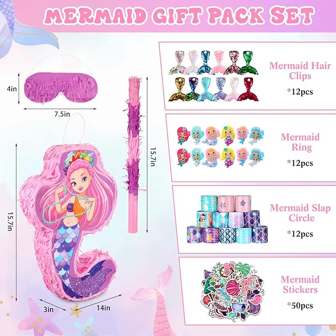 Wettarn 90 Pieces Mermaid Party Favors Includes Piñata Bundle 16 x 12 x 3 Inch, Mermaid Hairpin Slap Bracelets Rings Stickers for Kids Girls Mermaid Birthday Party Supplies Mermaid Goodie Bag Fillers