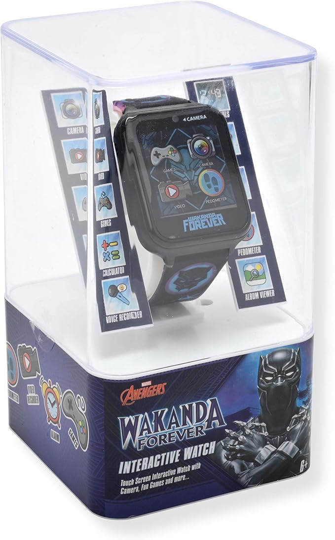 Accutime Kids Marvel Black Panther Black Educational ,Touchscreen Smart Watch Toy for Boys, Girls, Toddlers - Selfie Cam, Learning Games, Alarm, Calculator, Pedometer (Model: AVG4608AZ)