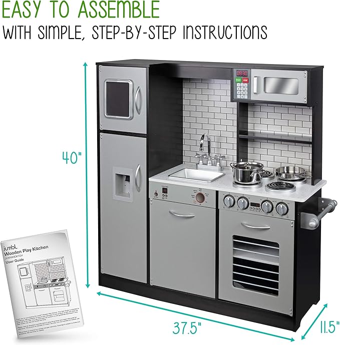 Lil' Jumbl Kids Kitchen Set, Pretend Wooden Play Kitchen, Battery Operated Icemaker & Microwave with Realistic Sound, Pots & Pan Included - Charcoal