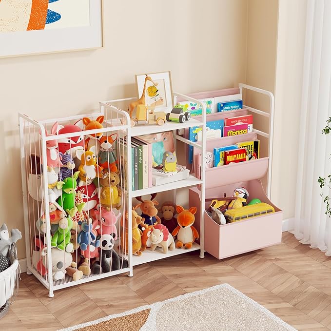 BBLIKE 3in1 Stuffed Animal Storage Organizer - Toy Storage with Kids Bookshelf & Large Plushies Holder for Kids Room - Multi-Functional Furniture for Nursery, Bedroom, and Playroom, Pink