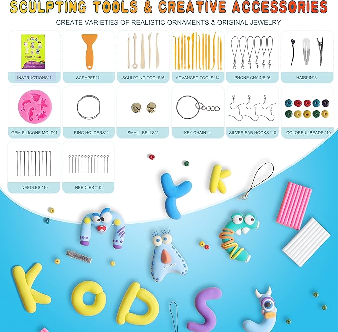 Polymer Clay 60 Colors, Modeling Clay for Kids Oven Baked Model Clay Non-Sticky with Sculpting Tools DIY Starter Kits,and Accessories,Great Clay