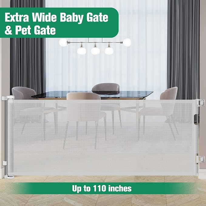 110 Inch Retractable Baby Gates for Large Openings Retractable Dog Gate Outdoor Retractable Gate Mesh Baby Gate Retractable Gates for Dogs Indoor Extra Long Baby Gate for Stairs, Doorways, Light Gray