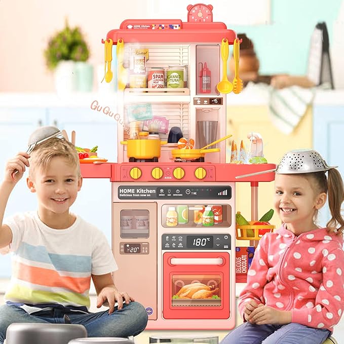 Kids Kitchen Play Set,Interactive Kids Kitchen Play Set with 50Pcs of Pretend Kitchen Toys,Realistic Sound Effects,and Simulated Functionality - Suitable for Toddlers Aged 2-12 Years(Pink)