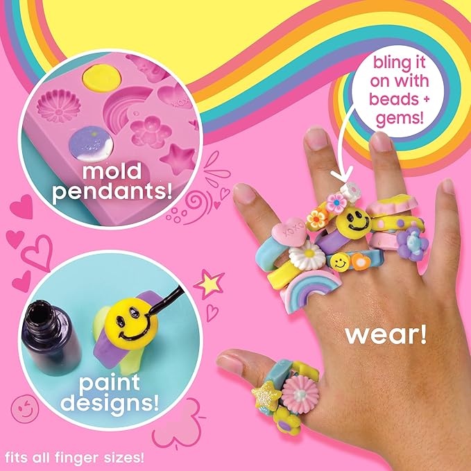 Just My Style Chunky Rings Clay Ring Maker, Make Your Own Clay Jewelry, Great for Birthday Parties, Play Dates, Sleepover Activity, Perfect for Jewelry Lovers Ages 6, 7, 8, 9, Multi