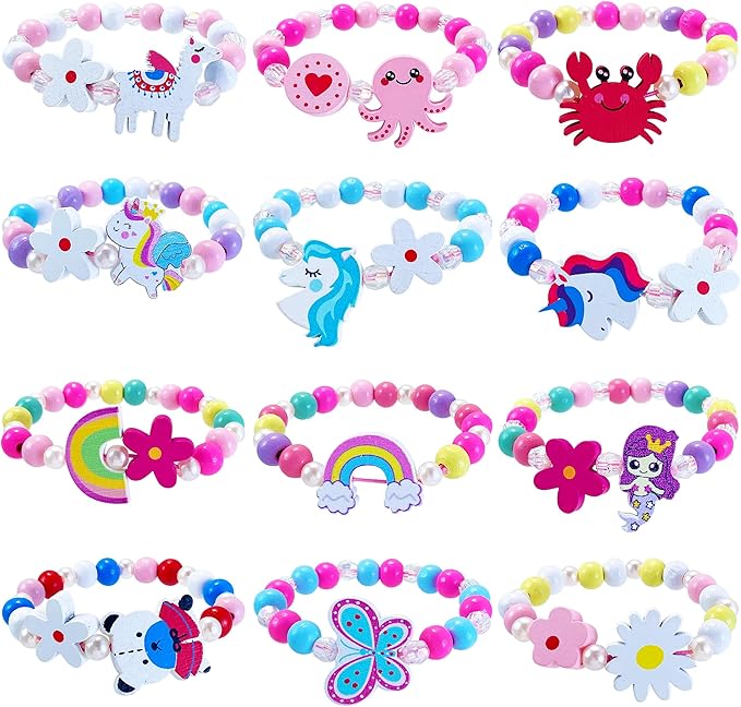 12 PCS Girls Bracelet for Kids Unicorn Mermaid Wooden Beaded Bracelets Birthday Party Favors Goodies Bag Stuffers Fillers Cute Pinata Stuffers Rainbow Butterfly Jewelry Gifts