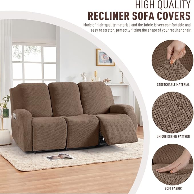 KinCam Recliner Covers, Stretch Reclining Chair Covers, Recliner Sofa Slipcovers Stripe Jacquard Recliner Couch Covers Furniture Protector Covers for Pet Kid (3 Seater, Light Coffee)