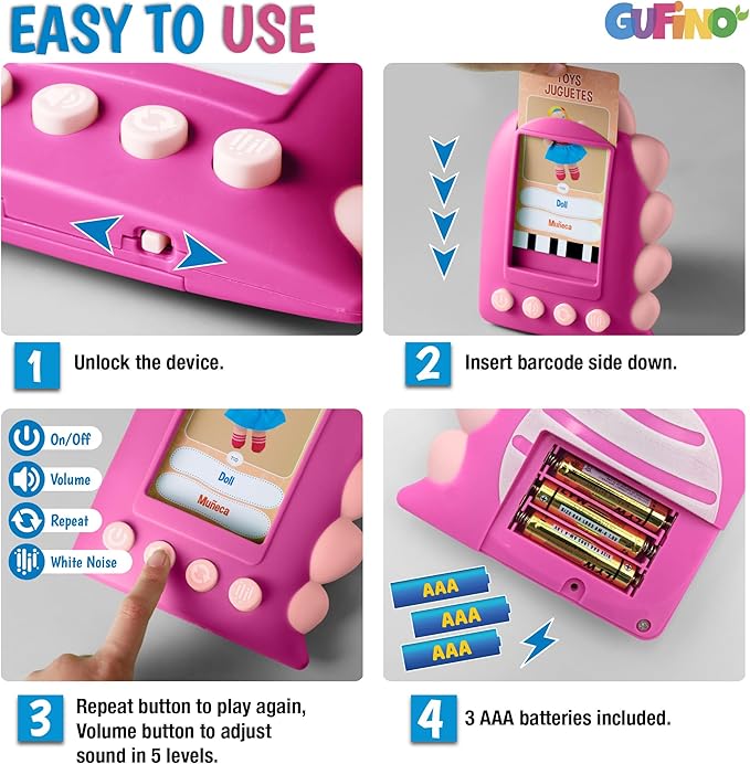 GUFINO Learning Toys for Toddlers 1-3 – Pink Bilingual Toys in Spanish and English with Sight Words Flash Cards 1st Grade and Older – Juguetes para Niñas de 3 Años. Early Language Development