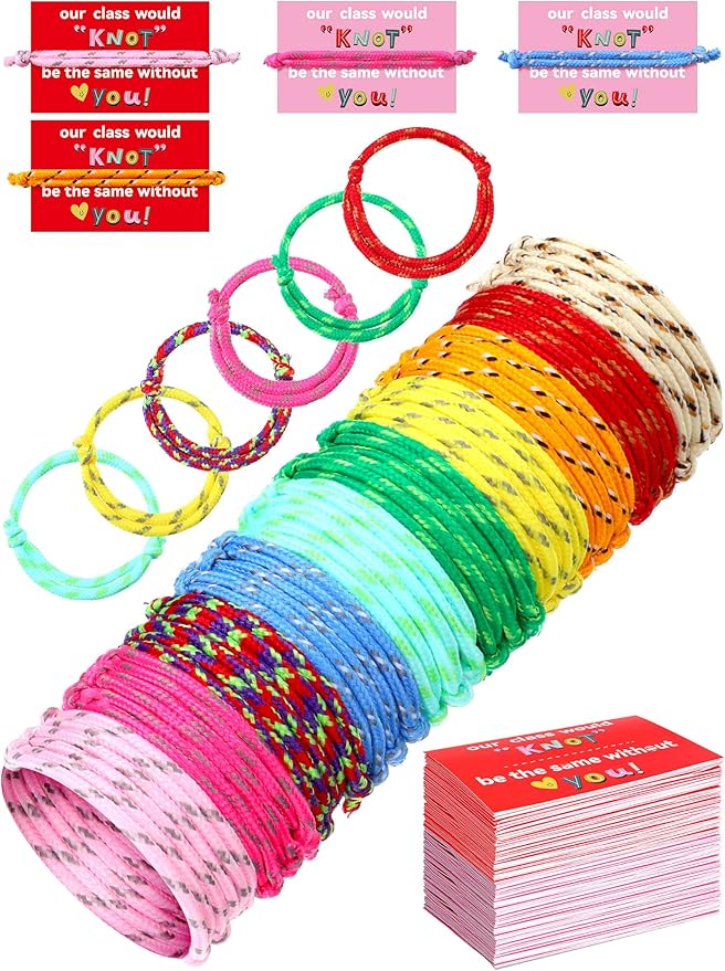 100 Pieces Valentine Knot Bracelets with Card Neon Rope Woven Friendship Bracelets for Kids Adjustable Rope Bracelets Bulk for Girls Boys Classroom Valentine Exchange Gifts Party Favors, 10 Colors