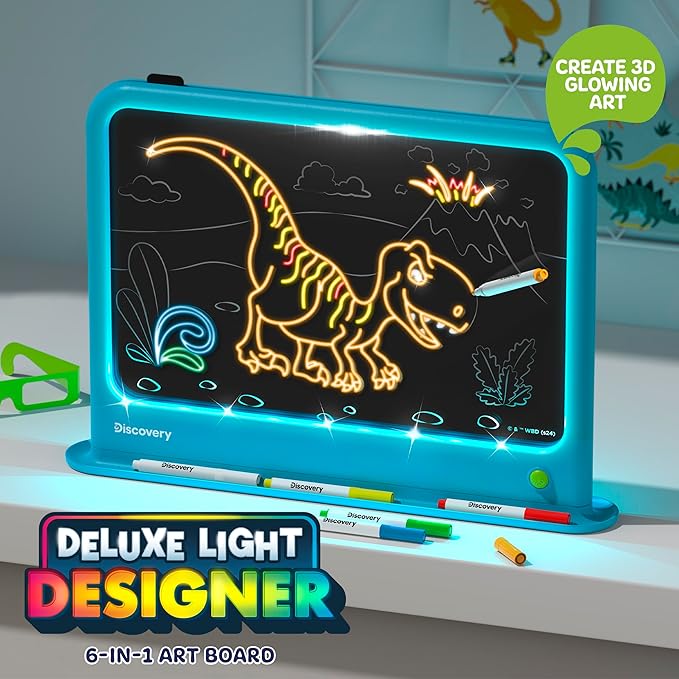 Discovery™ Deluxe Light Designer 6-In-1 Art Board – Includes 3D Glasses, 6 Washable Markers, Templates, 12 Light Modes| Kids Drawing Tablet, LED Scribble Doodle Electronic Drawing Pad Activity Toy Set