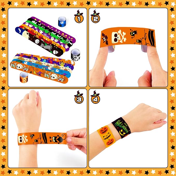 Halloween Slap Bracelets for Kids, 100 Halloween Bracelet Toys Bulk For Kids Girls Boys, Trick or Treat Party Favors, Exchanging Gifts, Classroom Prizes, Halloween Party Gift Treat Bag Filler Supply