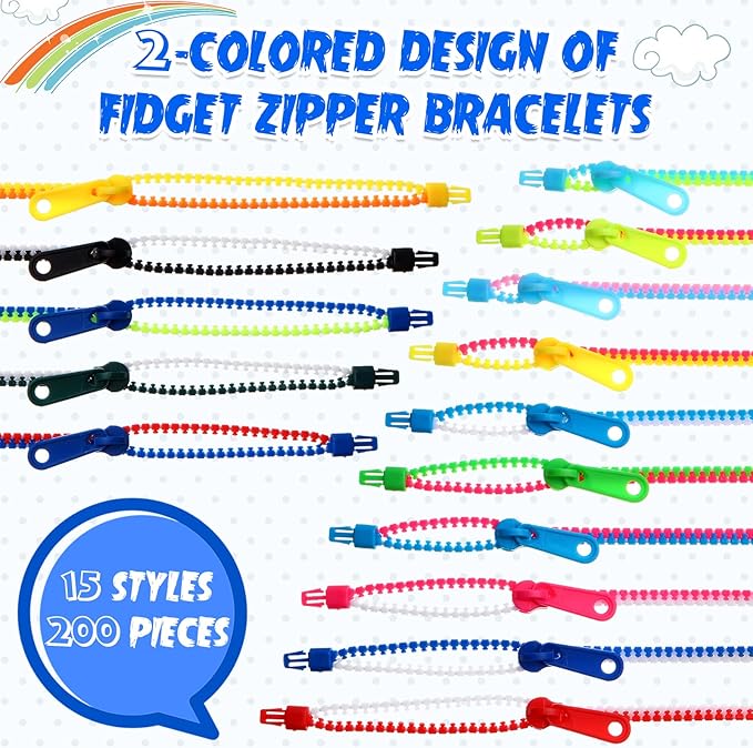 Yinkin 200 Pieces Party Favors 7.9 Inch Friendship Fidget Zipper Bracelets 15 Neon Colors Sensory Bracelet Toys Fidgets Friendship Bracelets for Classroom Rewards Birthday Goodie Bags Fillers