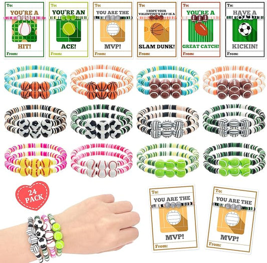 MOVINPE Valentines Day Exchange Gifts for Kids Classroom, 24 Pack Sports Charm Friendship Bracelets with Valentines Day Cards, Classroom Prizes, Valentine’s Day Cards for Kids School Bulk