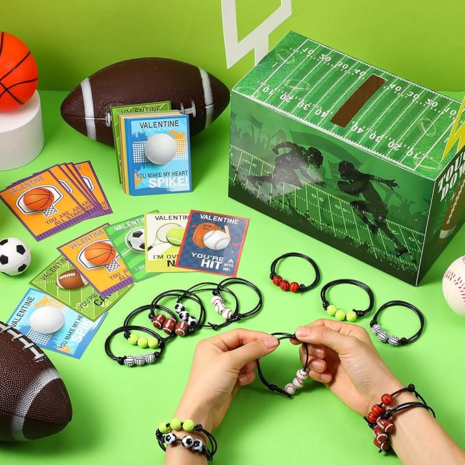 Capoda 36 Pack Valentines Day Sports Gift Set and Valentines Boxes Sports Valentine's Day Cards Adjustable Sport Party Charm Bracelet for Classroom Exchange Prizes Class Party Favors