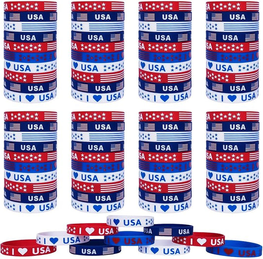 100Pcs American Flag Silicone Bracelets, Election Fourth 4th of July Party Accessories USA Veterans Day Memorial Day Patriotic Party Red White and Blue Wristband Party Favors School Gifts
